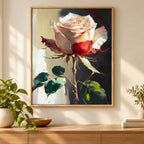 Crimson and Ivory Rose on a Dark Background: scene