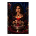 Original design of a candlelit seer holding a red candle above a ritual bowl.