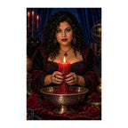 Original design of a candlelit seer holding a red candle above a ritual bowl.