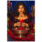 Finished diamond painting of a seer with a crimson candle and ritual bowl.