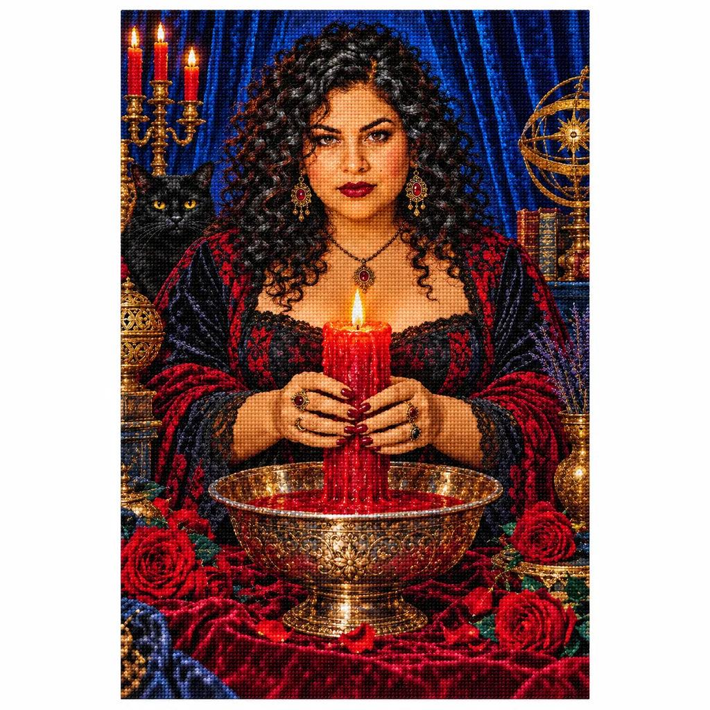 Finished diamond painting of a seer with a crimson candle and ritual bowl.