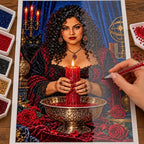 Hand placing drills on the candlelit seer diamond painting canvas.