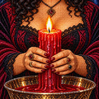 Close-up of drills across the candle, hands, and red patterned cloth.