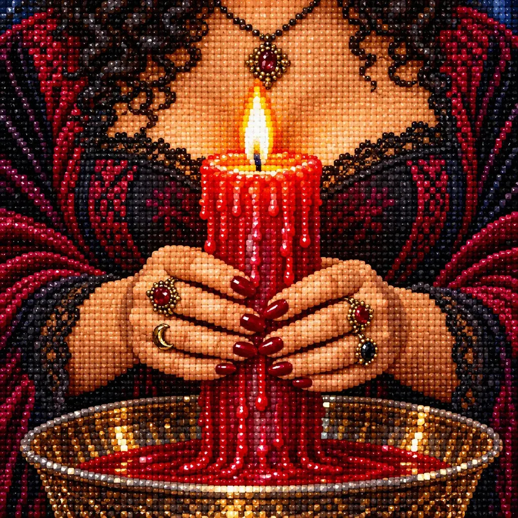 Close-up of drills across the candle, hands, and red patterned cloth.