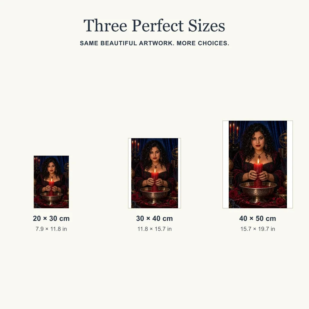 Three size options for the Crimson Candle Seer diamond painting kit.