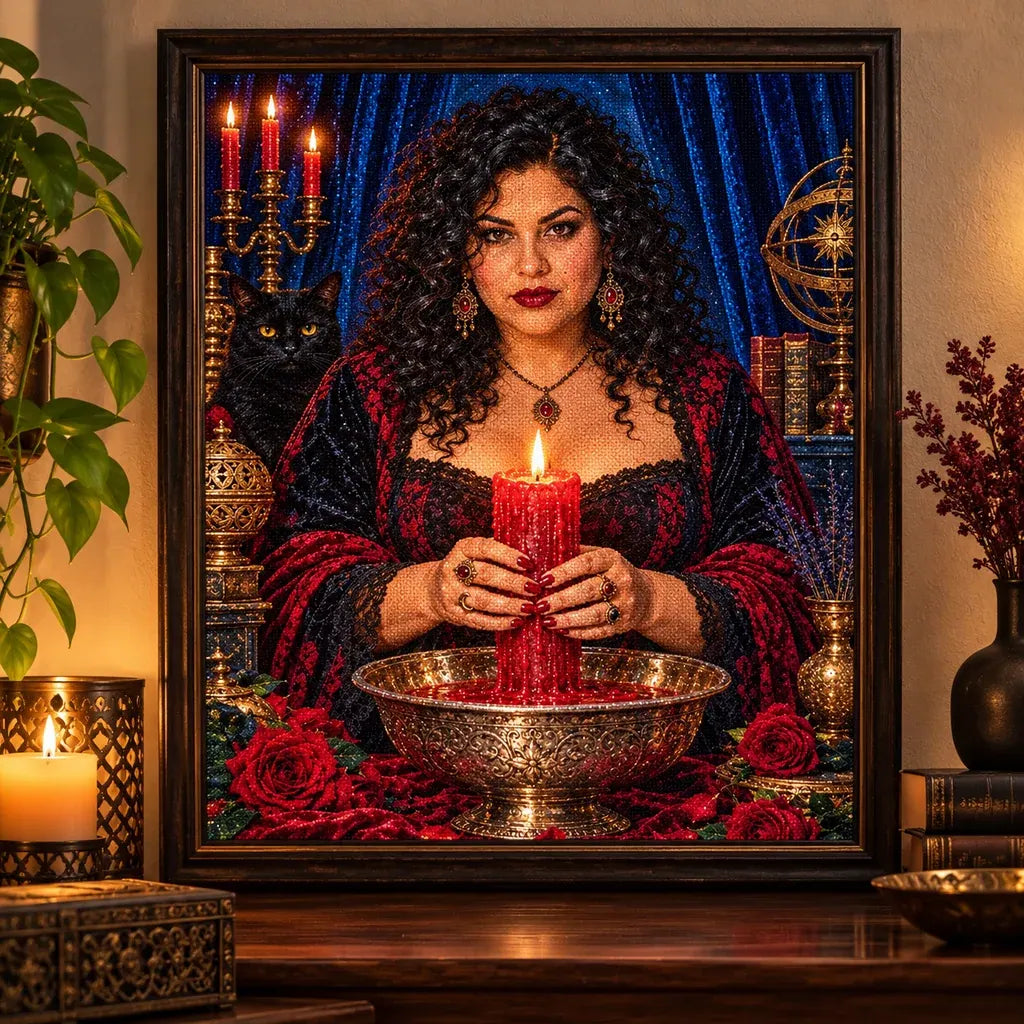 Framed Crimson Candle Seer artwork displayed in a candlelit room.