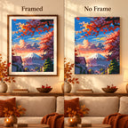 Framed and no-frame comparison for Crimson Canopy At Dusk Diamond Painting Kit