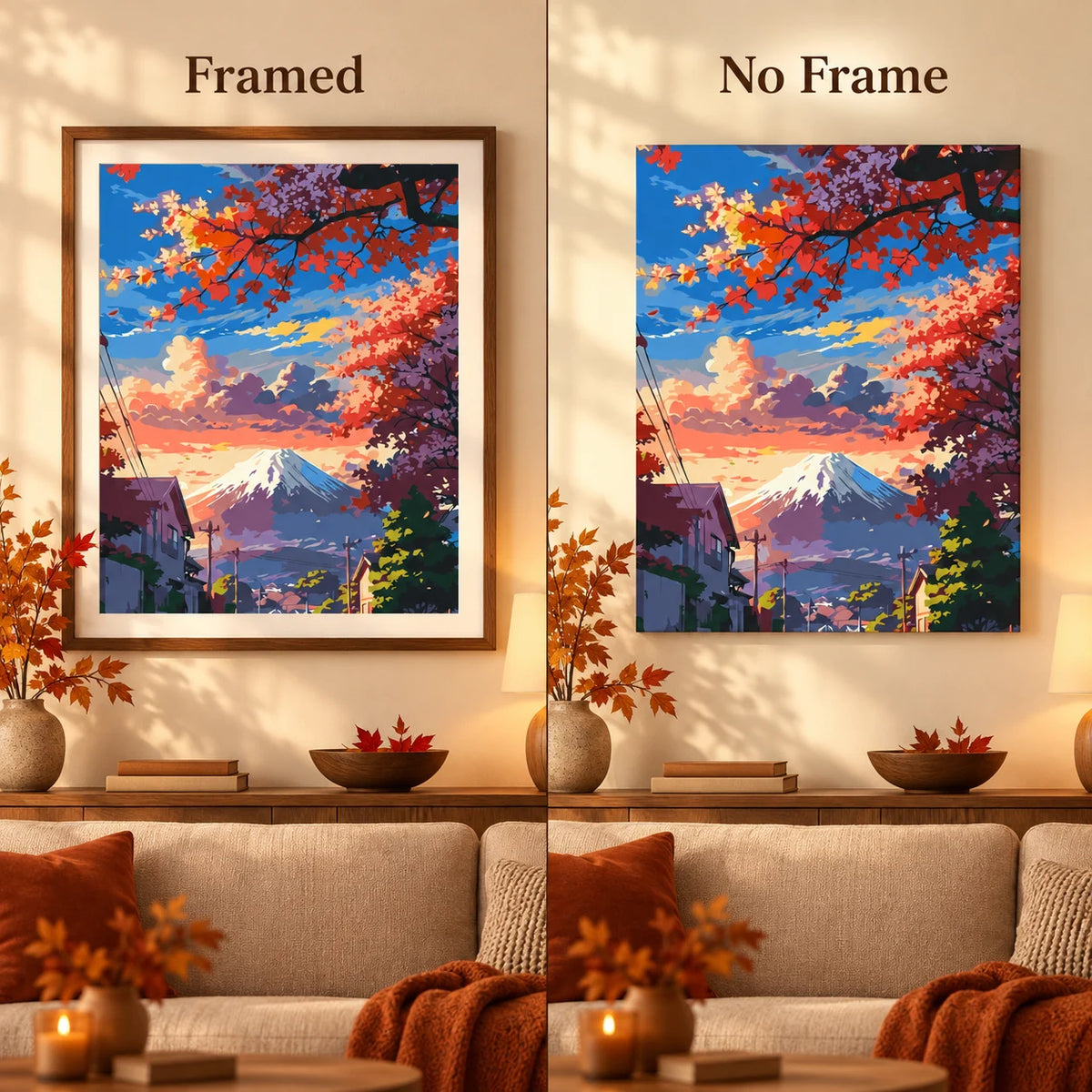 Framed and no-frame comparison for Crimson Canopy At Dusk Diamond Painting Kit
