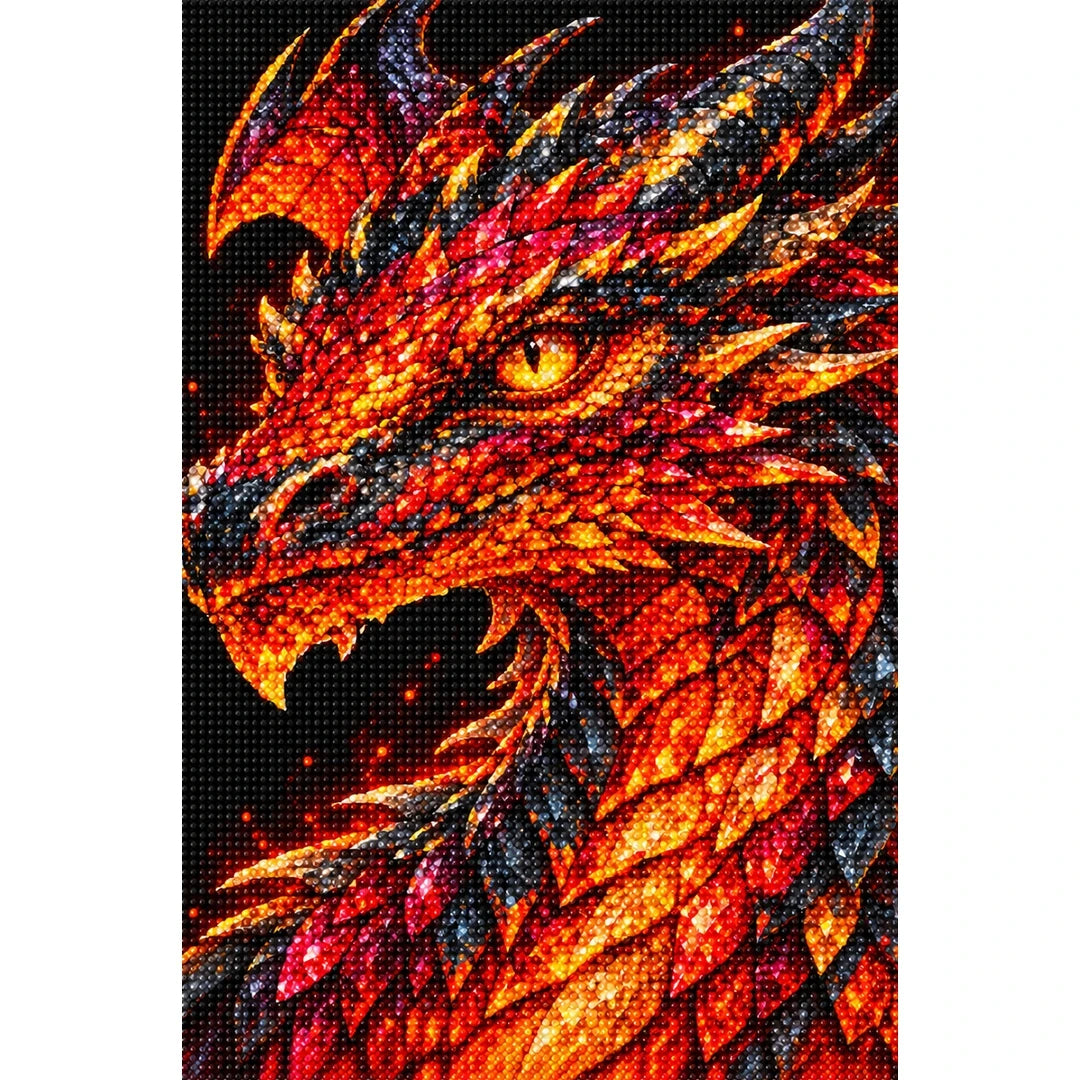 Crimson Flame Mosaic Dragon finished diamond painting on white background