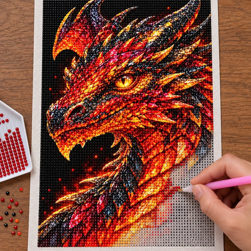 Crimson Flame Mosaic Dragon diamond painting process with pen and tray