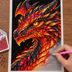 Crimson Flame Mosaic Dragon diamond painting process with pen and tray