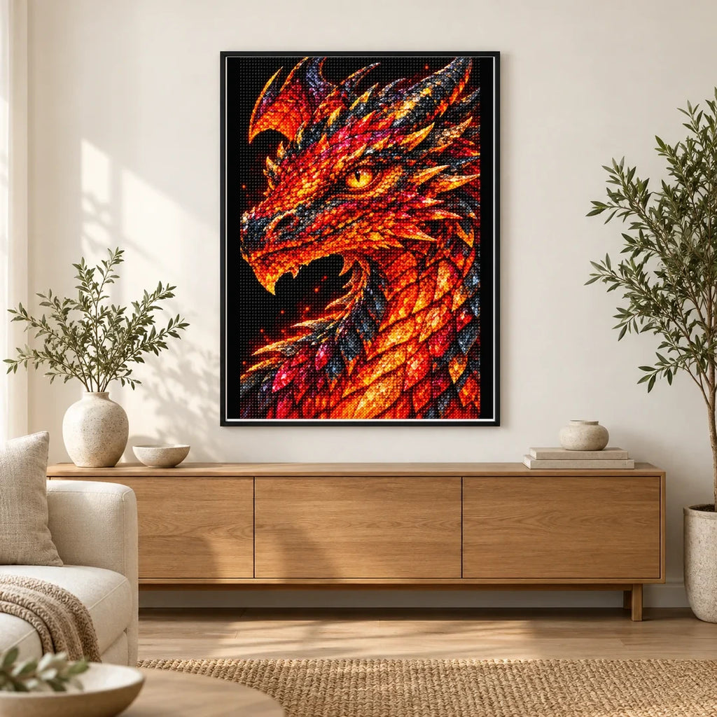 Crimson Flame Mosaic Dragon finished diamond painting in a home interior