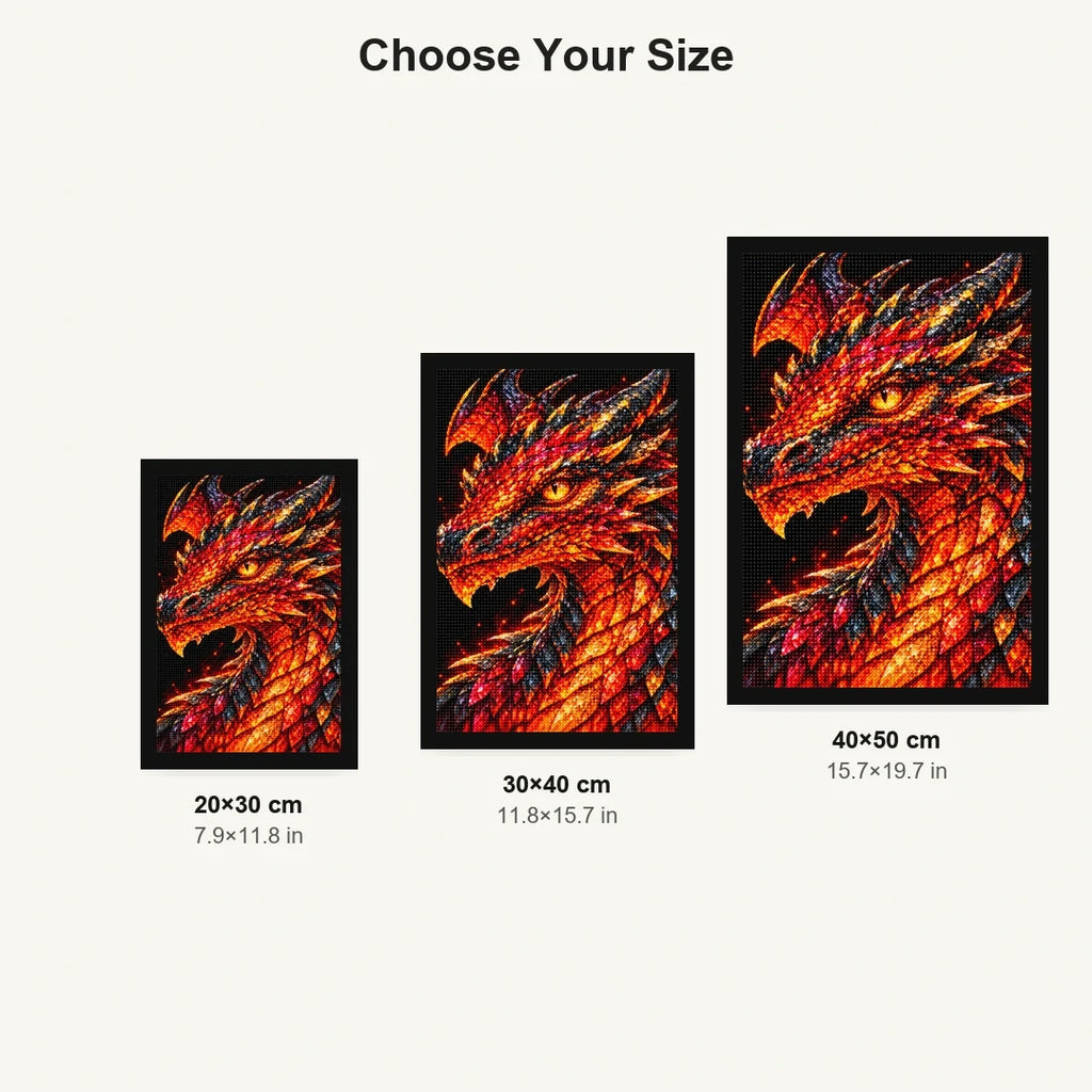 Crimson Flame Mosaic Dragon 20 by 30, 30 by 40, and 40 by 50 centimeter size guide