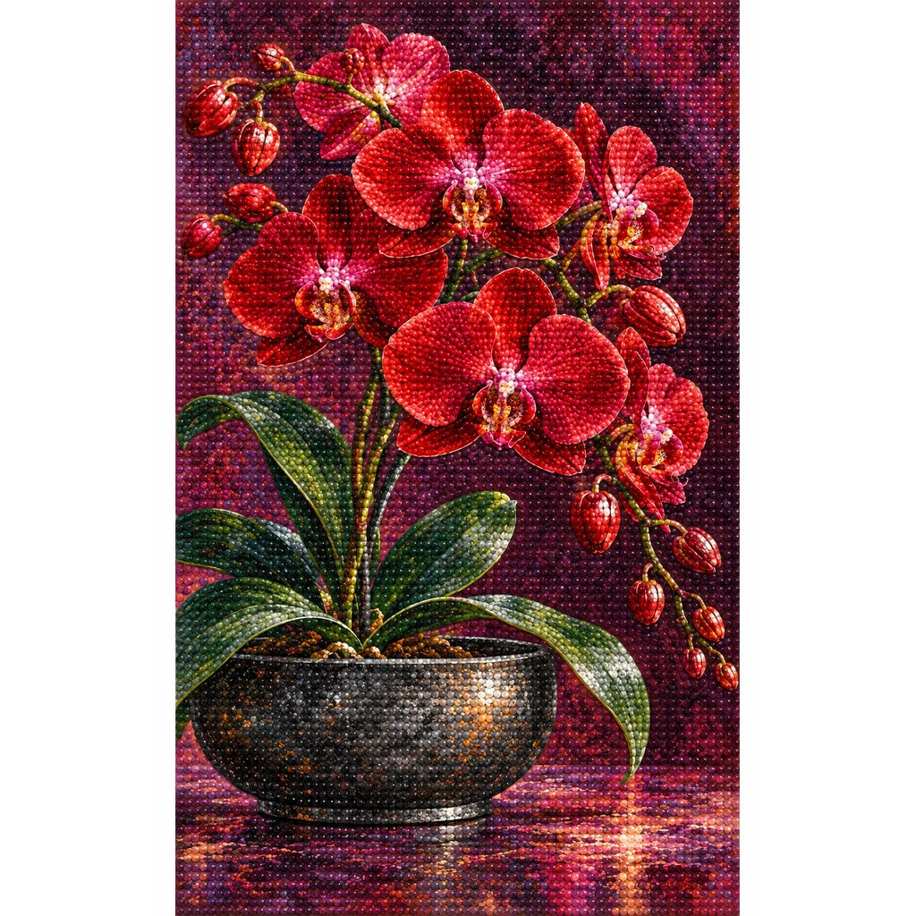 Deep red orchids against a dark velvet background: finished diamond painting on a white background