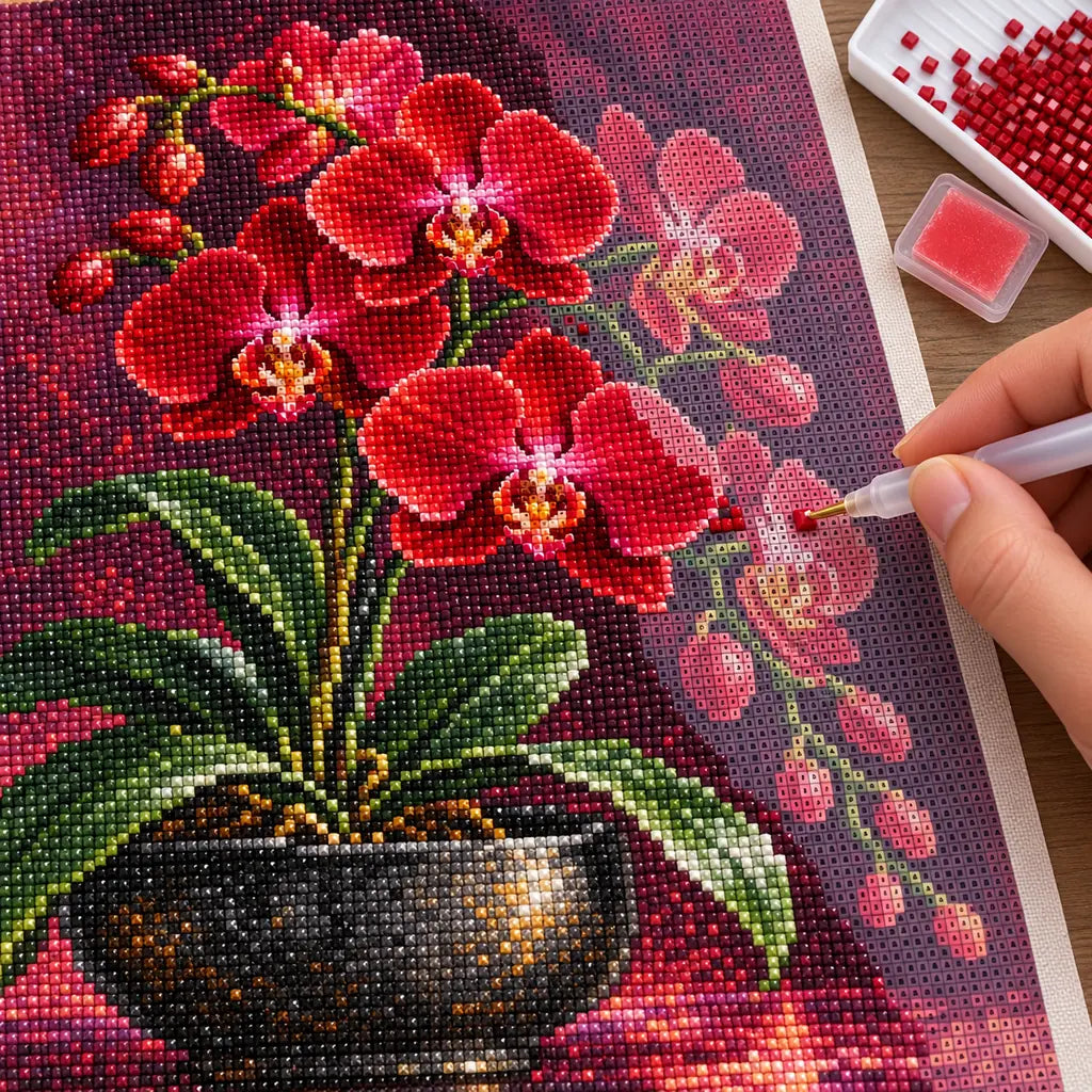 Deep red orchids against a dark velvet background: diamond painting being completed with a pen