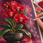 Deep red orchids against a dark velvet background: diamond painting being completed with a pen