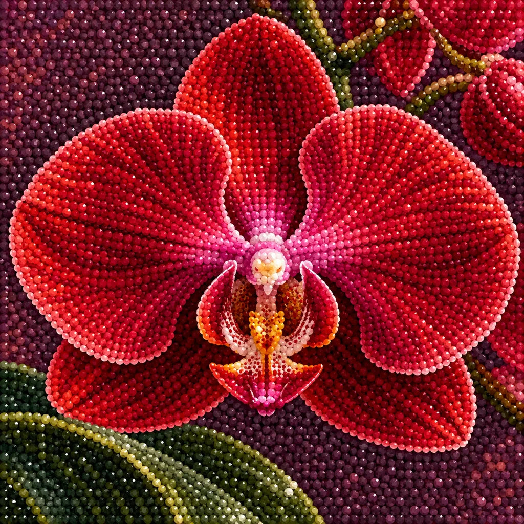 Deep red orchids against a dark velvet background: close-up of diamond drills