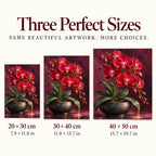 Deep red orchids against a dark velvet background: size guide showing three available dimensions