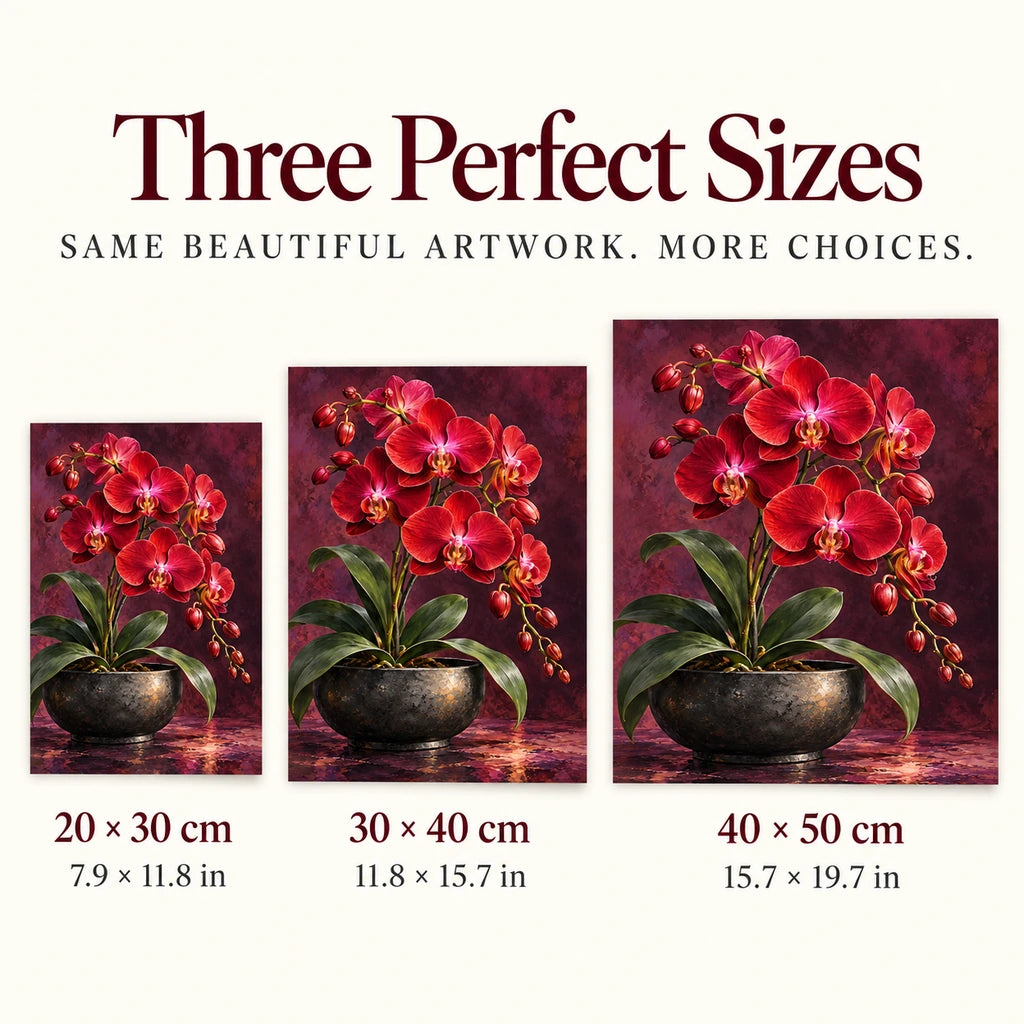 Deep red orchids against a dark velvet background: size guide showing three available dimensions