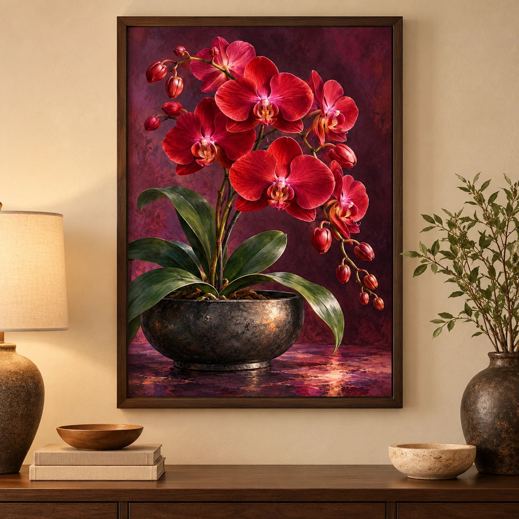 Deep red orchids against a dark velvet background: diamond painting displayed as home wall decor