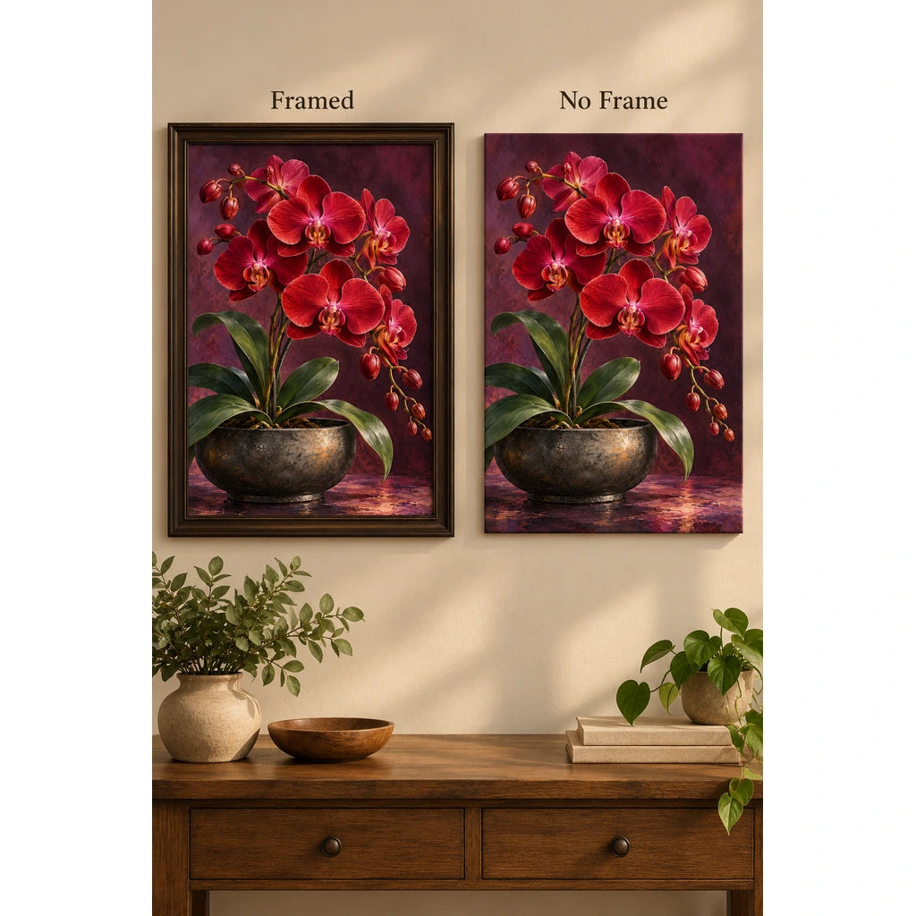 Deep red orchids against a dark velvet background: framed and no-frame style comparison