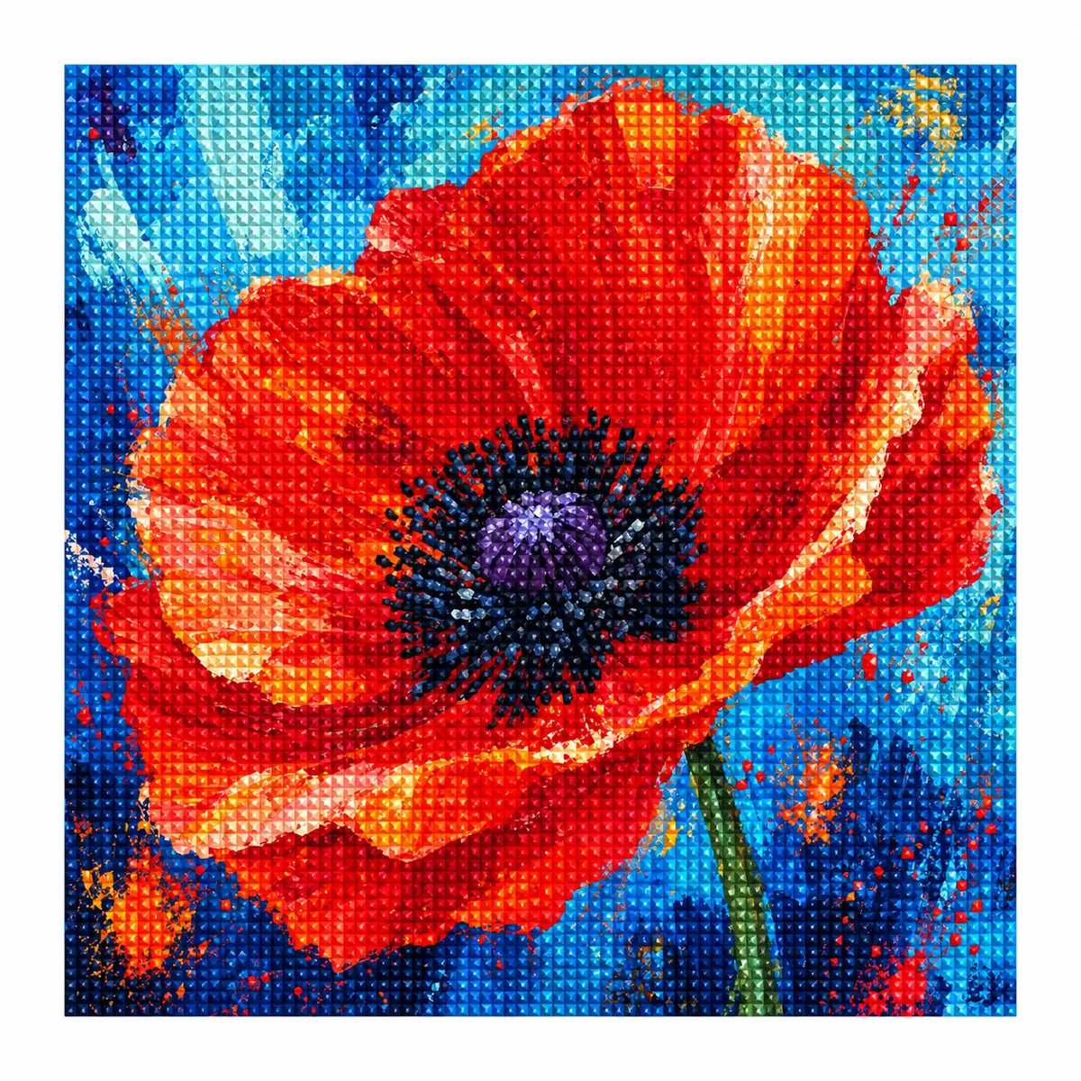 White-background finished diamond painting of Crimson Bloom Unfurled