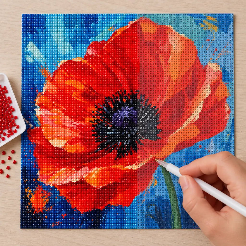 Diamond painting process for Crimson Bloom Unfurled