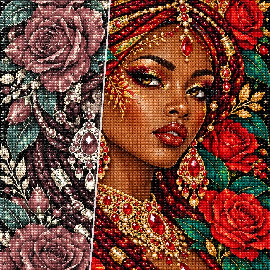 Crimson Rose Queen diamond drill and canvas detail