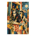 White-background original artwork of a black-and-orange cat peering from a geometric moonlit window above a colorful city for a diamond painting kit