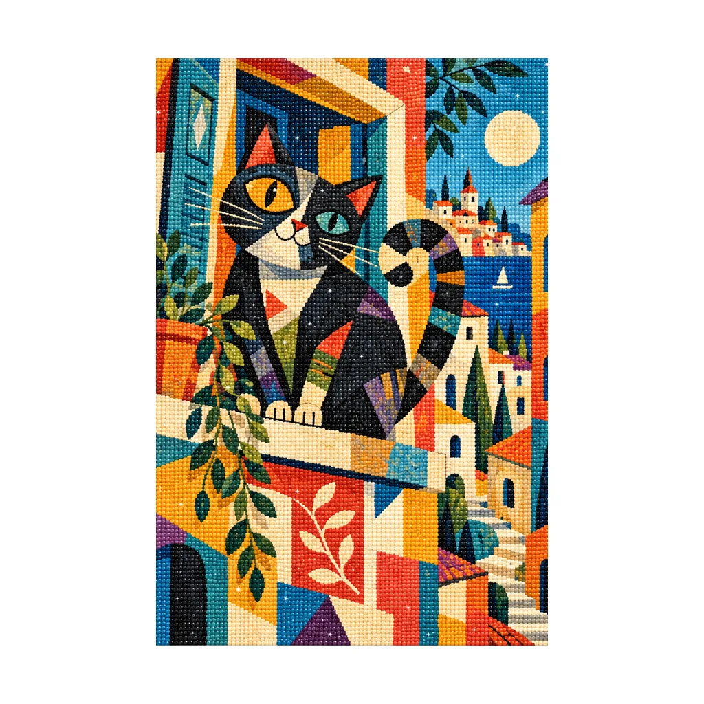 White-background finished diamond painting of a black-and-orange cat peering from a geometric moonlit window above a colorful city with sparkling drills