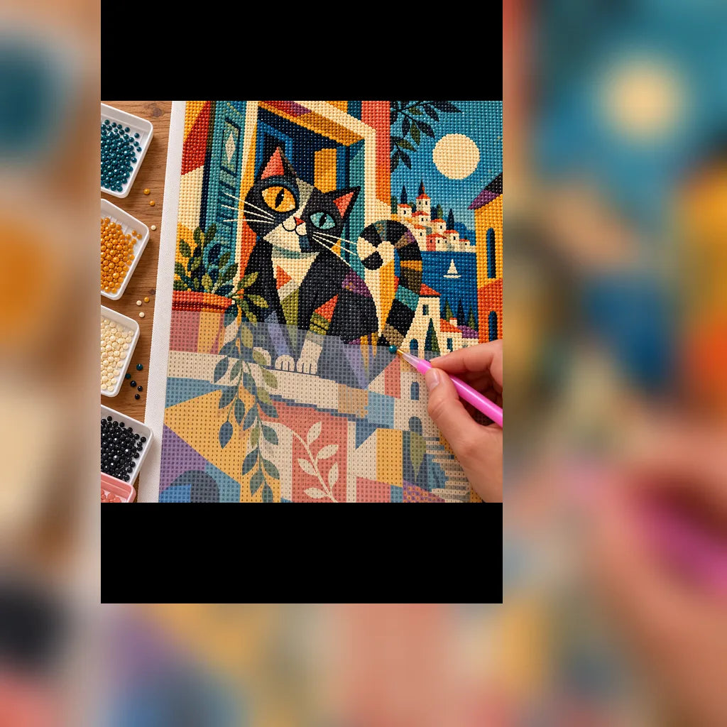 Diamond painting process showing a black-and-orange cat peering from a geometric moonlit window above a colorful city being completed with a stylus