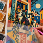 Diamond painting process showing a black-and-orange cat in a geometric moonlit window above a colorful city being completed with a stylus