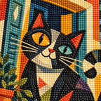 Close-up diamond drill detail of a black-and-orange cat peering from a geometric moonlit window above a colorful city artwork