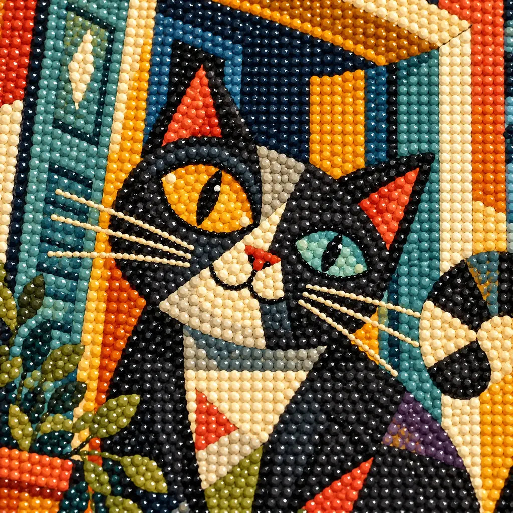 Close-up diamond drill detail of a black-and-orange cat peering from a geometric moonlit window above a colorful city artwork