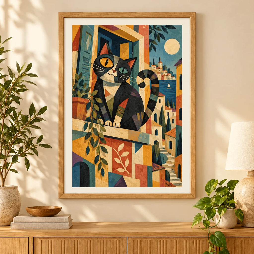 Framed black-and-orange cat in a geometric moonlit window above a colorful city diamond painting displayed as home decor