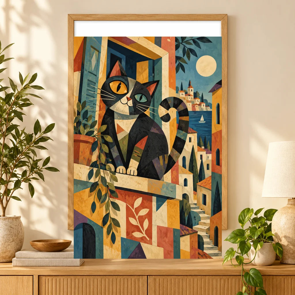 Framed a black-and-orange cat peering from a geometric moonlit window above a colorful city diamond painting displayed as home decor