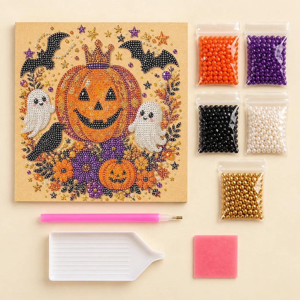 Crowned Pumpkin and Ghosts Pearl Diamond Painting Kit kit image