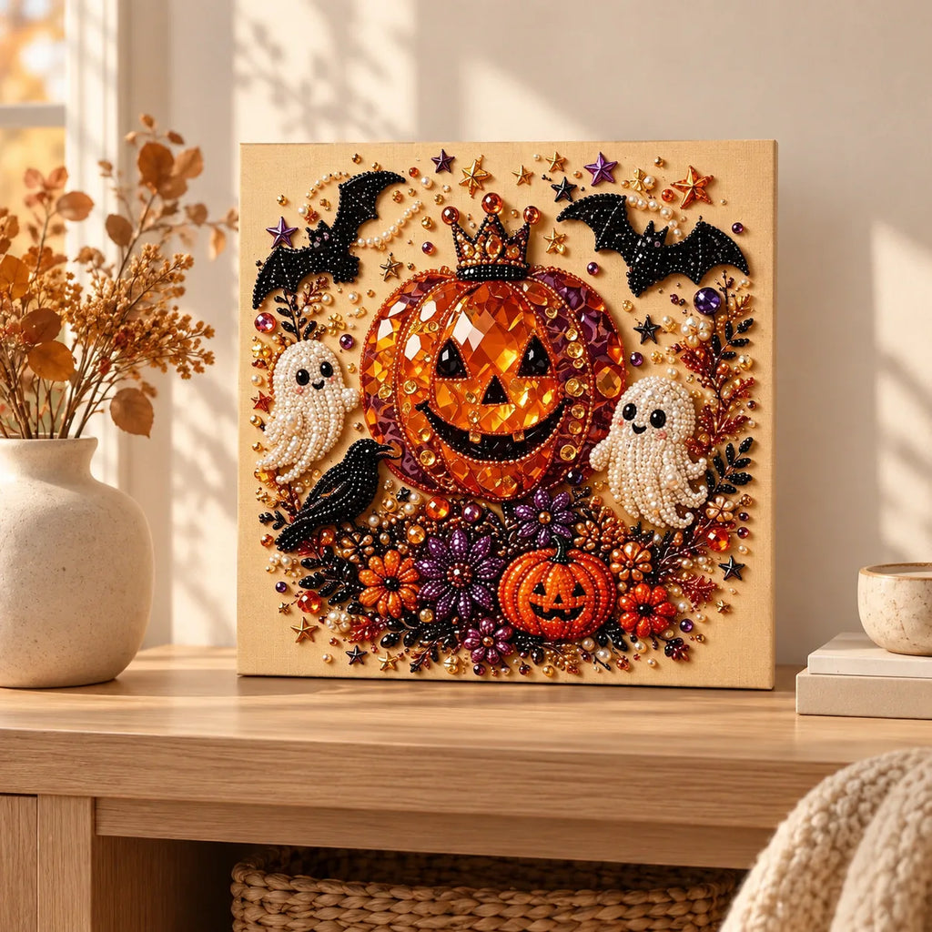 Crowned Pumpkin and Ghosts Pearl Diamond Painting Kit room image