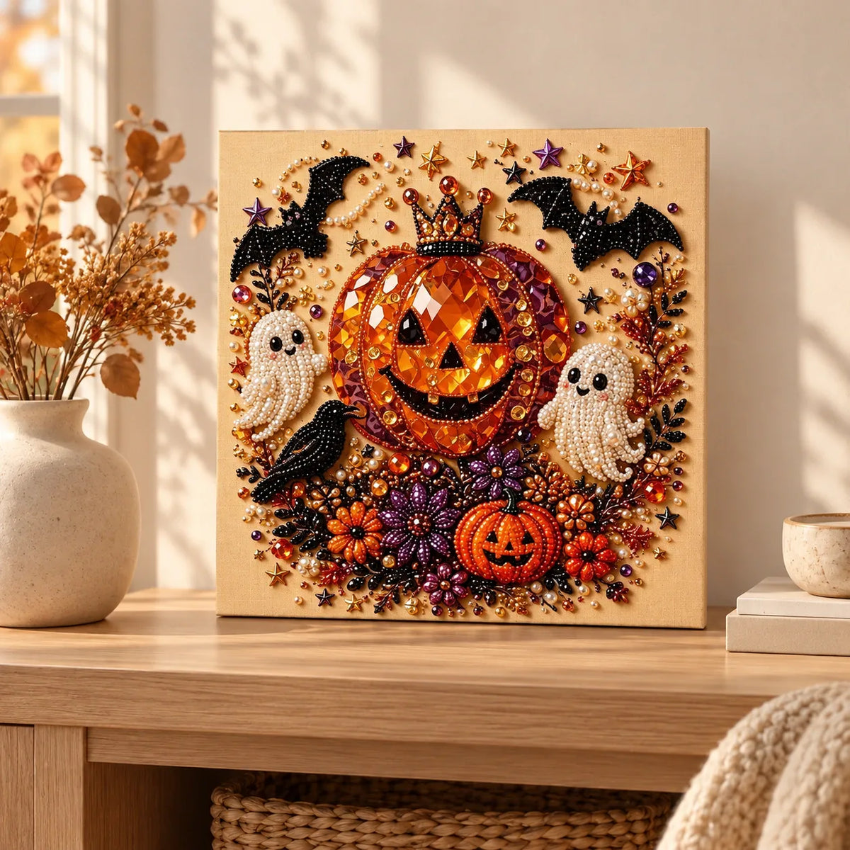 Crowned Pumpkin and Ghosts Pearl Diamond Painting Kit room image