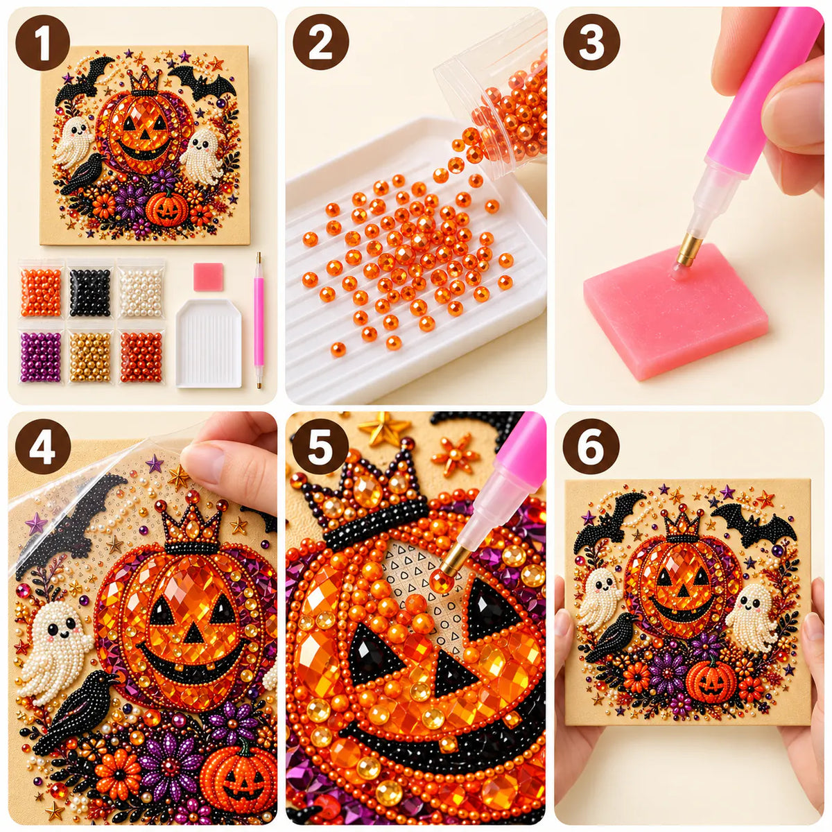 Crowned Pumpkin and Ghosts Pearl Diamond Painting Kit tutorial image