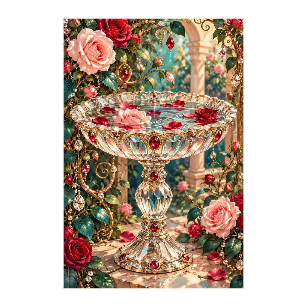 Original white-background artwork of Crystal Birdbath and Roses
