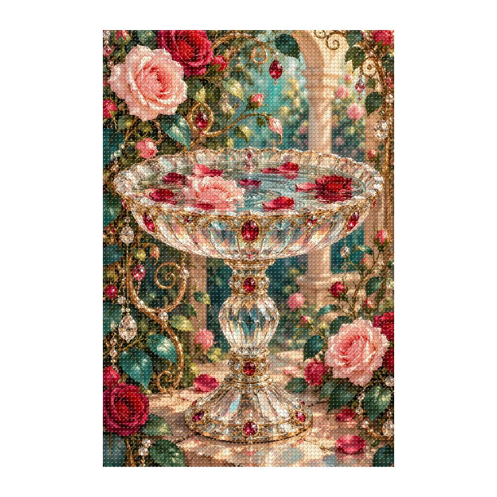 Finished white-background diamond painting of Crystal Birdbath and Roses