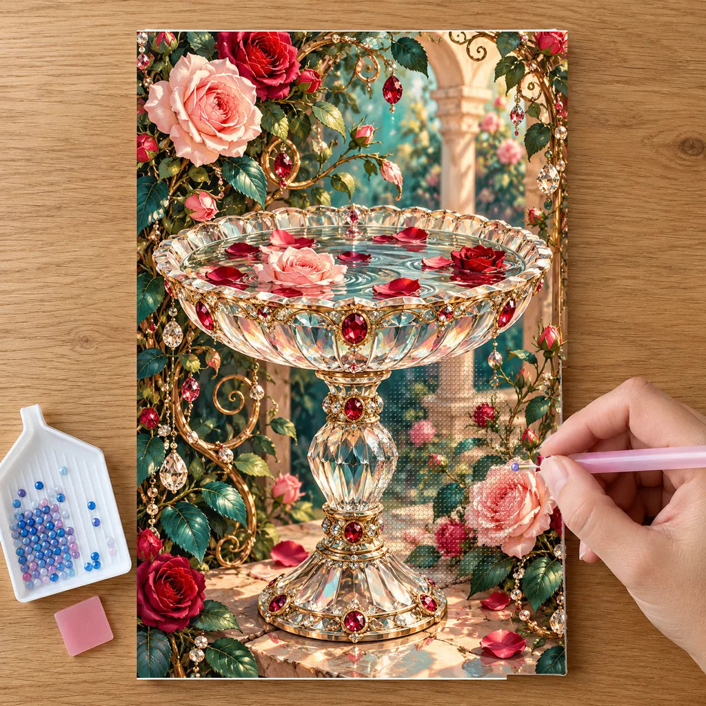 Hands placing drills on the Crystal Birdbath and Roses diamond painting canvas