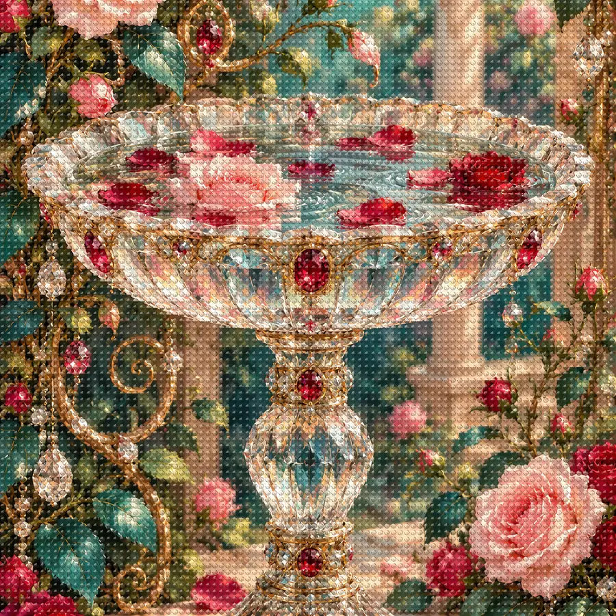 Close-up of sparkling drills on the Crystal Birdbath and Roses design