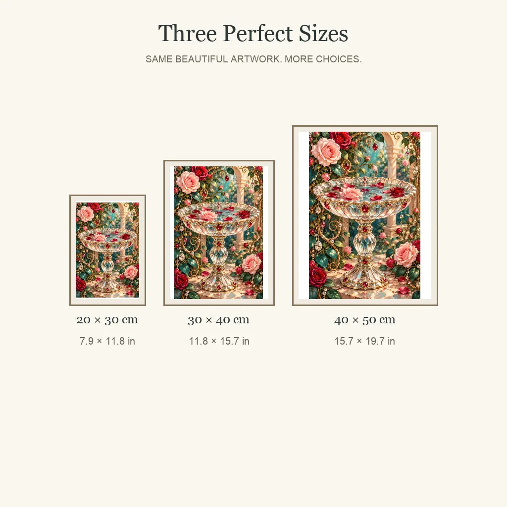 Crystal Birdbath and Roses diamond painting in 20 by 30, 30 by 40, and 40 by 50 centimeter sizes