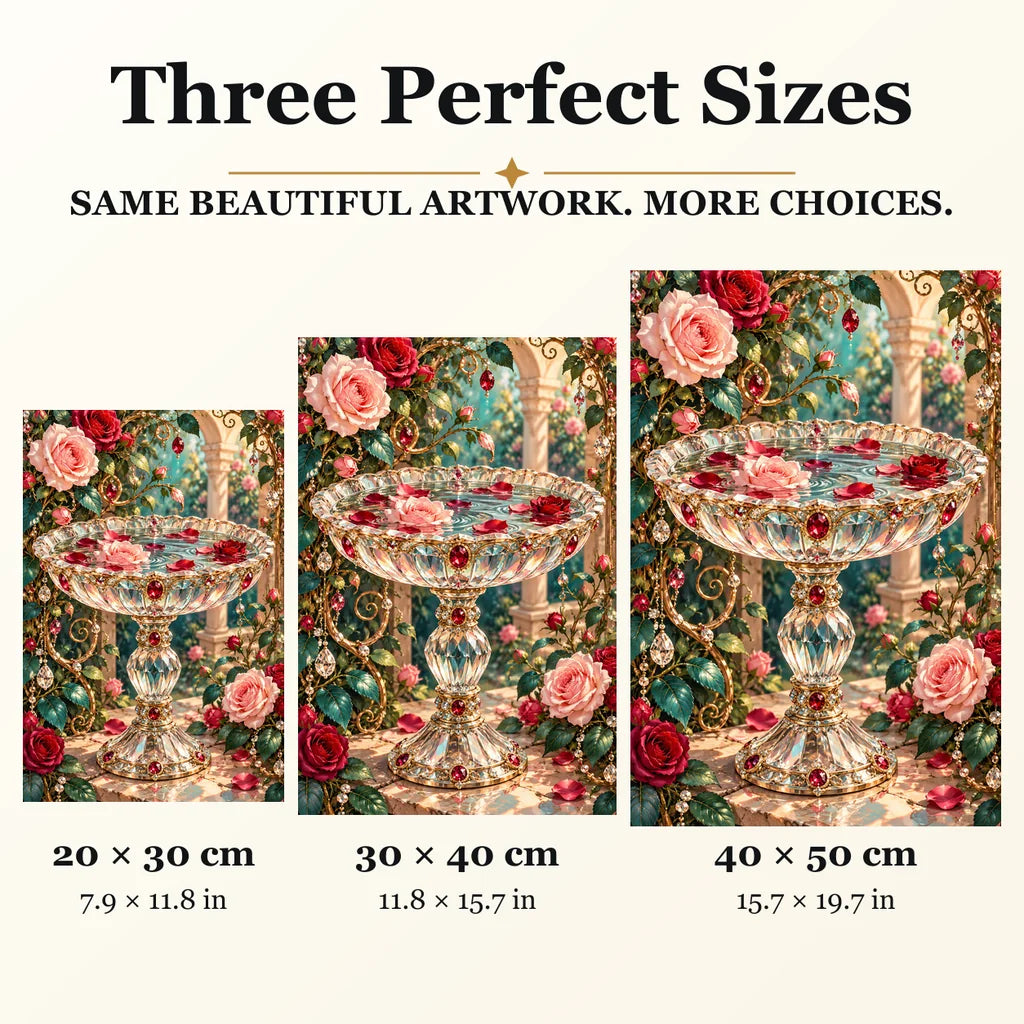 Crystal Birdbath and Roses diamond painting in 20 by 30, 30 by 40, and 40 by 50 centimeter sizes