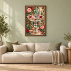 Framed Crystal Birdbath and Roses diamond painting displayed in a home interior