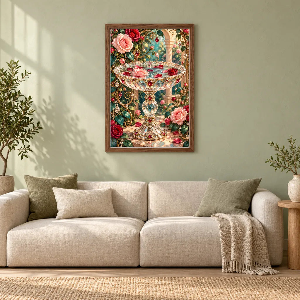 Framed Crystal Birdbath and Roses diamond painting displayed in a home interior