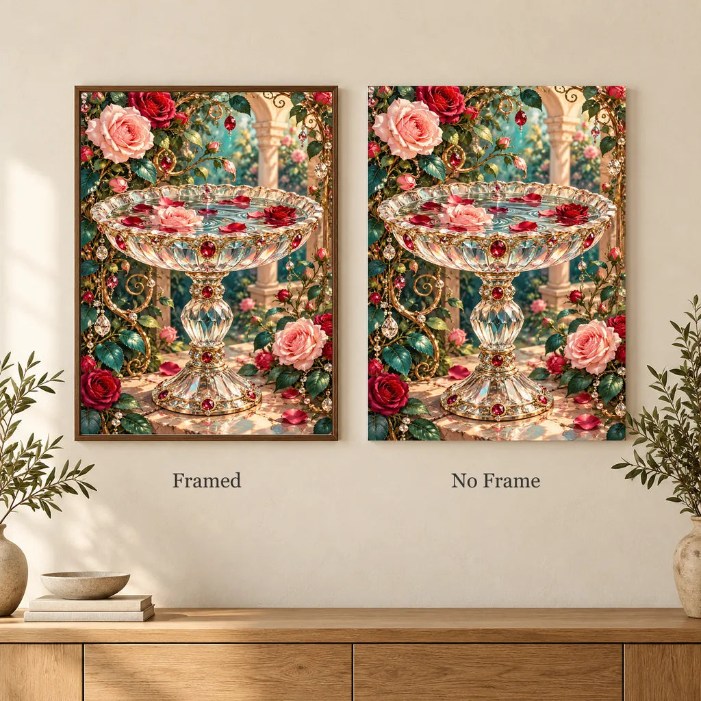 Framed and no-frame options for the Crystal Birdbath and Roses diamond painting