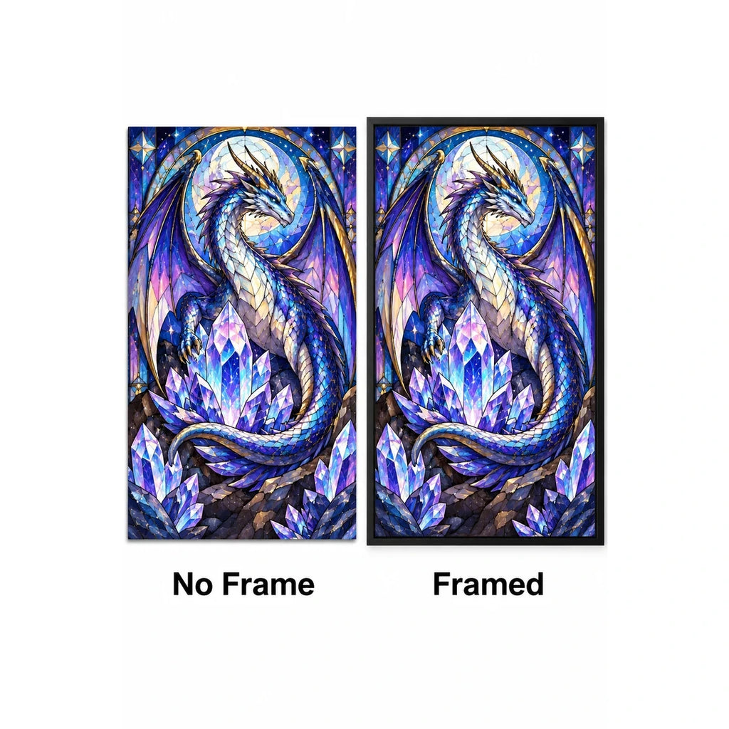 Crystal Dragon Amethyst Diamond Painting Kit — No Frame and Framed style comparison